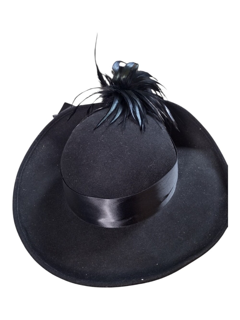 Vintage Black Wide-Brim Felt Hat with Feather Accent